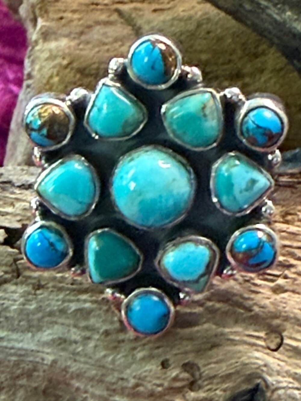 Adjustable Sterling Silver, Dahlia, Turquoise Cluster Ring 9.51g